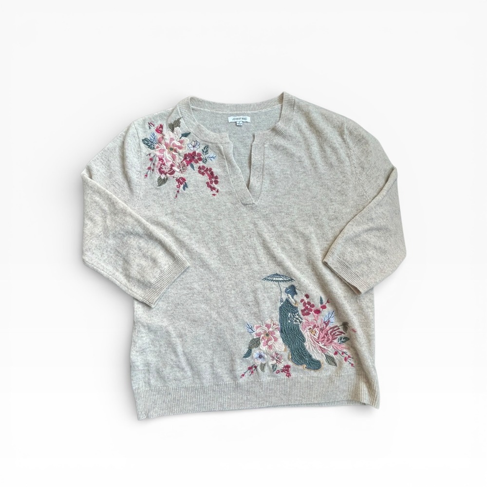 JOHNNY WAS Women's Cream 100% Cadhmere Embroidered Sweater Size S Geisha Floral‎